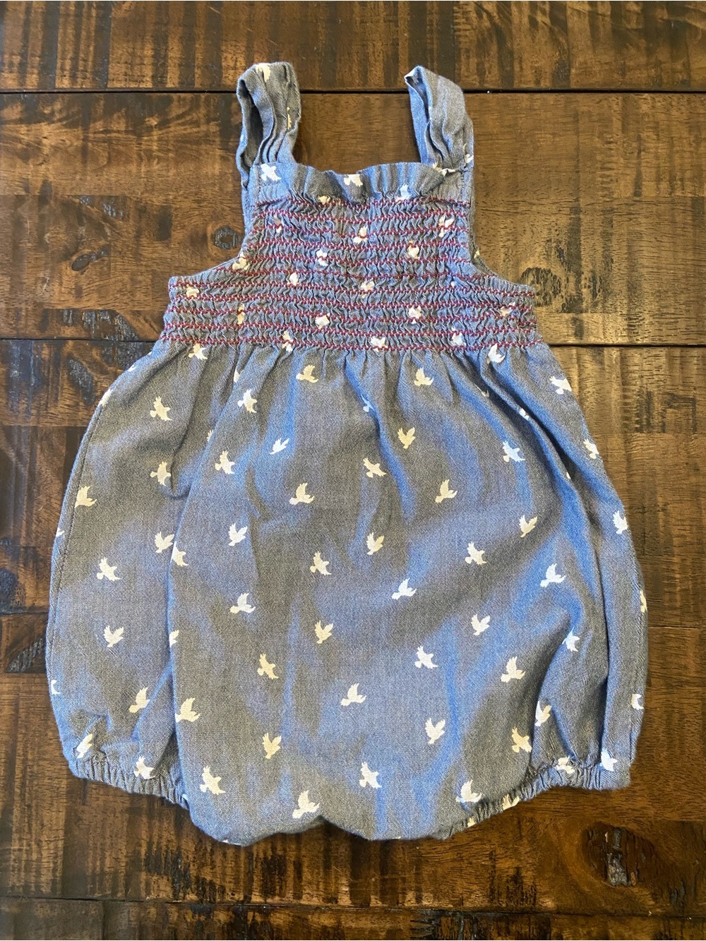 Hatley Blue Chambray Smocked Baby Romper with White Bird Print size 12-18 months